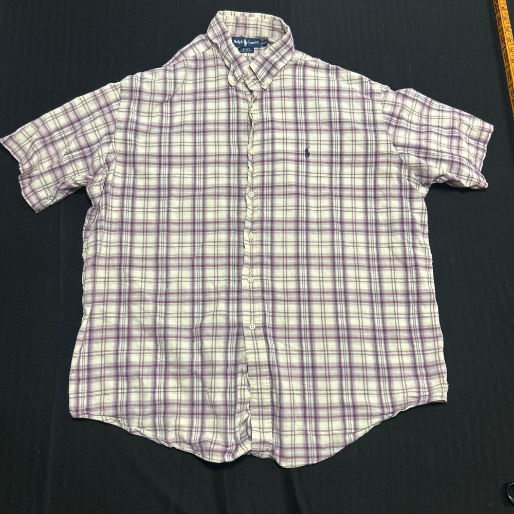 Ralph Lauren Blake Shirt Mens XXL Purple White Plaid Short Sleeve Button Down